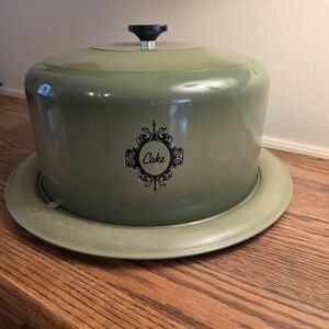 Vintage Cake Platter Carrier Saver West Bend Olive Green Aluminum MCM Retro